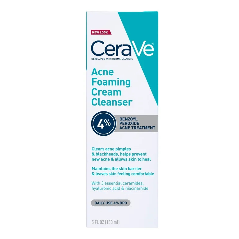 Cerave Acne Foaming Cream Cleanser with 4% Benzoyl Peroxide, Hyaluronic Acid, Niacinamide Cream-t... | Walmart (US)