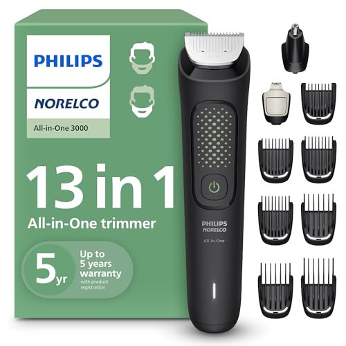 Norelco Philips All-in-One 3000 Series 13 in 1 Trimmer for Men, Beard Trimmer & Head Hair Clipper, Full Metal Self-Sharpening Blades & 8 Length Settings, MG3939/50 | Amazon (US)