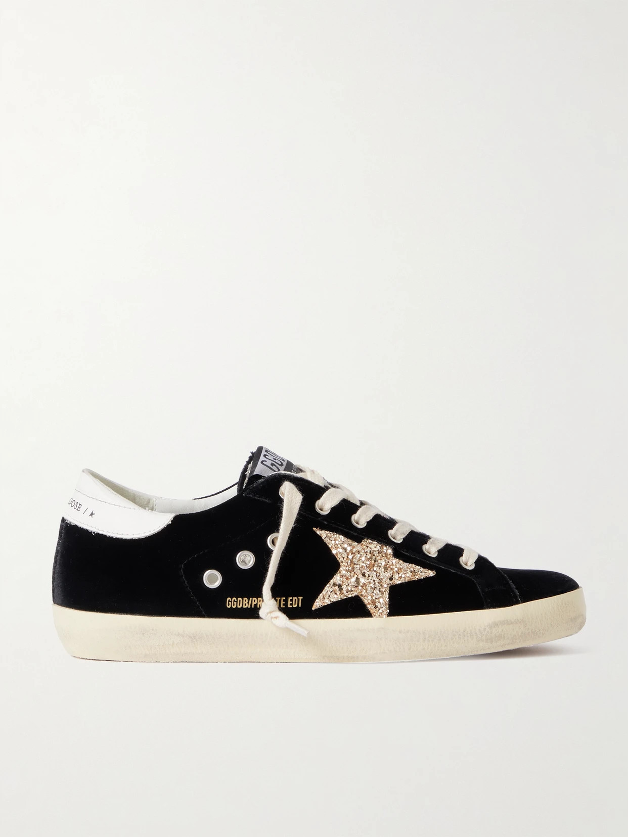 Golden Goose - Super-star Eyelet-embellished Distressed Glittered Leather And Velvet Sneakers - Black | NET-A-PORTER (US)
