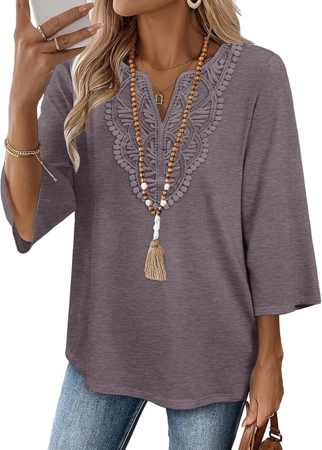 WIHOLL 3/4 Length Sleeve Womens Tops Boho V Neck Lace Shirt Trendy Blouses Dressy Casual Vacation... | Amazon (US)