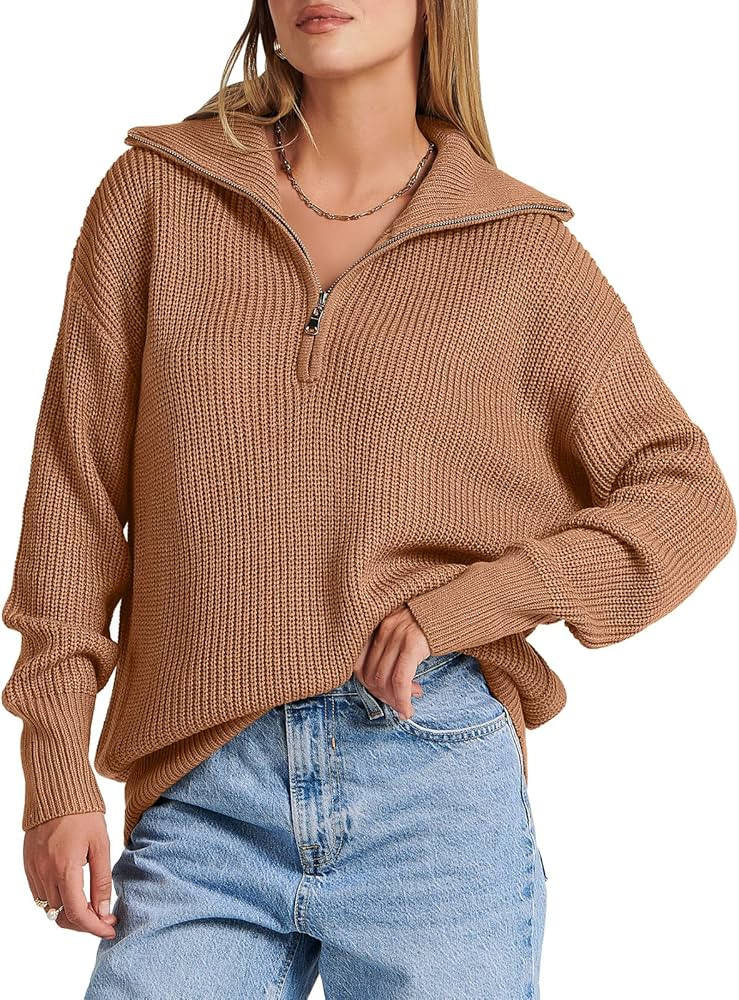 ANRABESS Women's Long Sleeve 1/4 Zipper Henley V Neck Drop Shoulder Oversized Knit Pullover Sweater  | Amazon (US)
