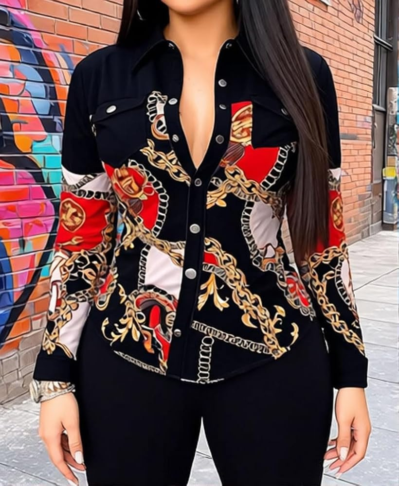 Amazon.com: Women's Turn Down Collar Chain Print Long Sleeve Button Down Fitted Casual Shirt : Cl... | Amazon (US)