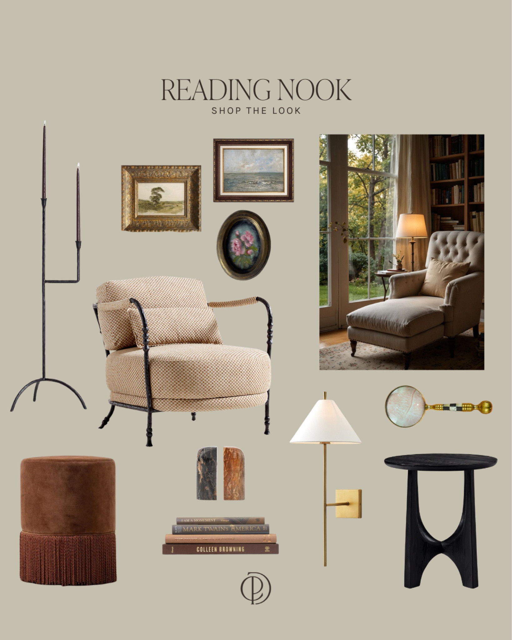Reading Nook | Pinterest | Nancy Meyers | Transitional Home Design | Accent Chair | Floor Candle Light | Ottoman | Side Table | Library | Vintage Prints | Gallery Wall | Bookends | Vintage Magnifying Glass | Cozy Spaces | 

#LTKstyletip #LTKcanada