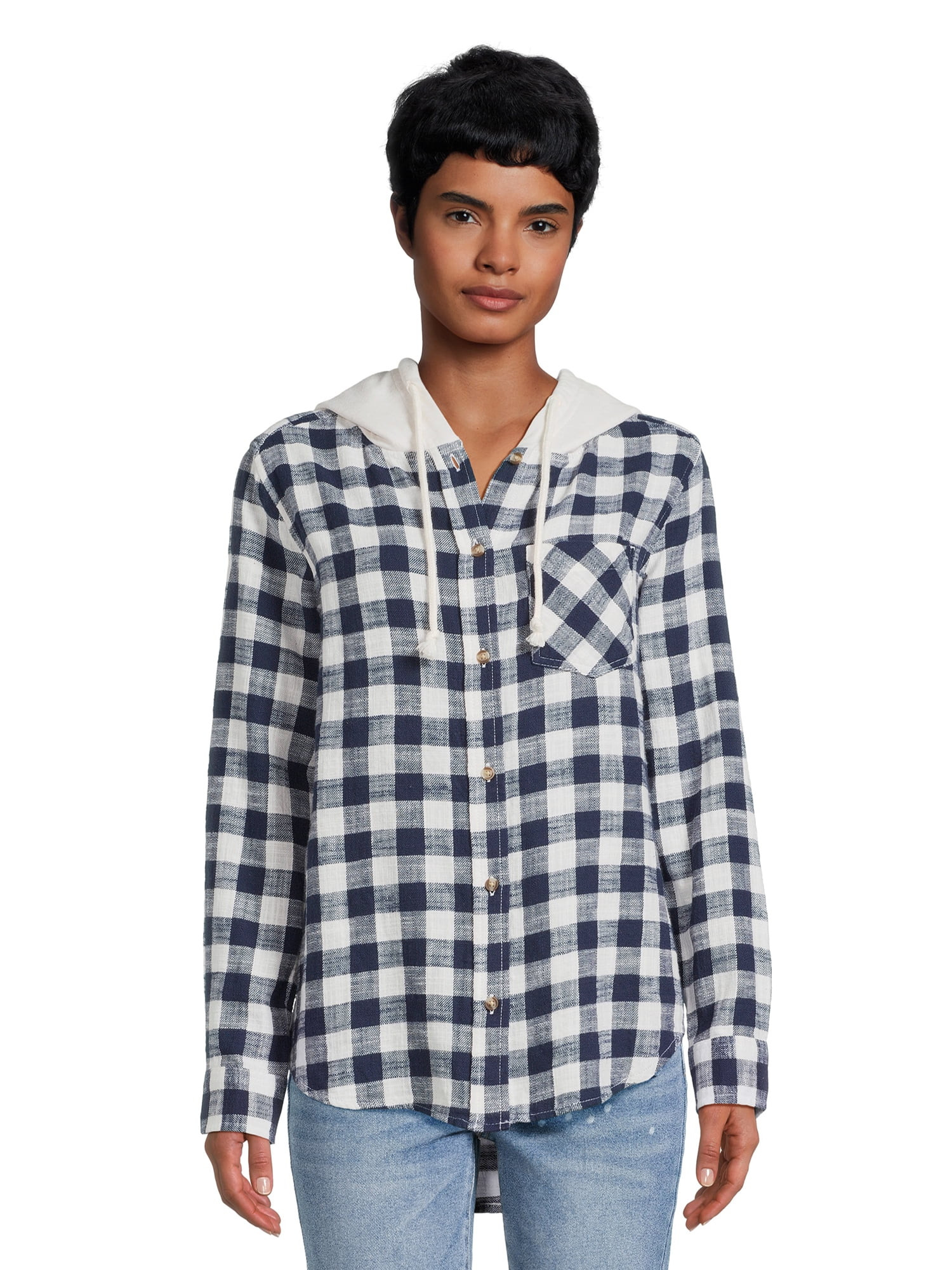 Time and Tru Women's Button Down Hooded Flannel Shirt, Sizes XS-3XL - Walmart.com | Walmart (US)
