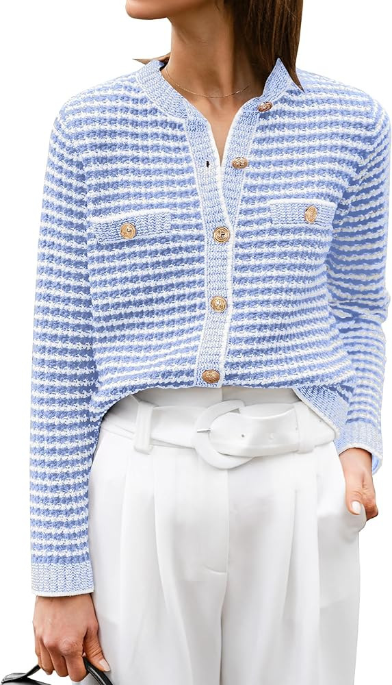 ANRABESS Women's Striped Cardigan Sweaters Casual Long Sleeve Open Front Button Down Knit Cropped... | Amazon (US)