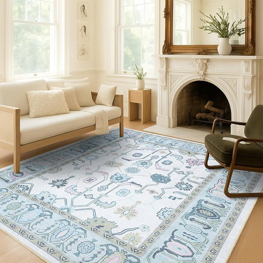 Fame Living Cream Green Oushak Rug, Modern, Vintage, Turkish, Eclectic, Floral, Pastel, Washable,... | Amazon (US)