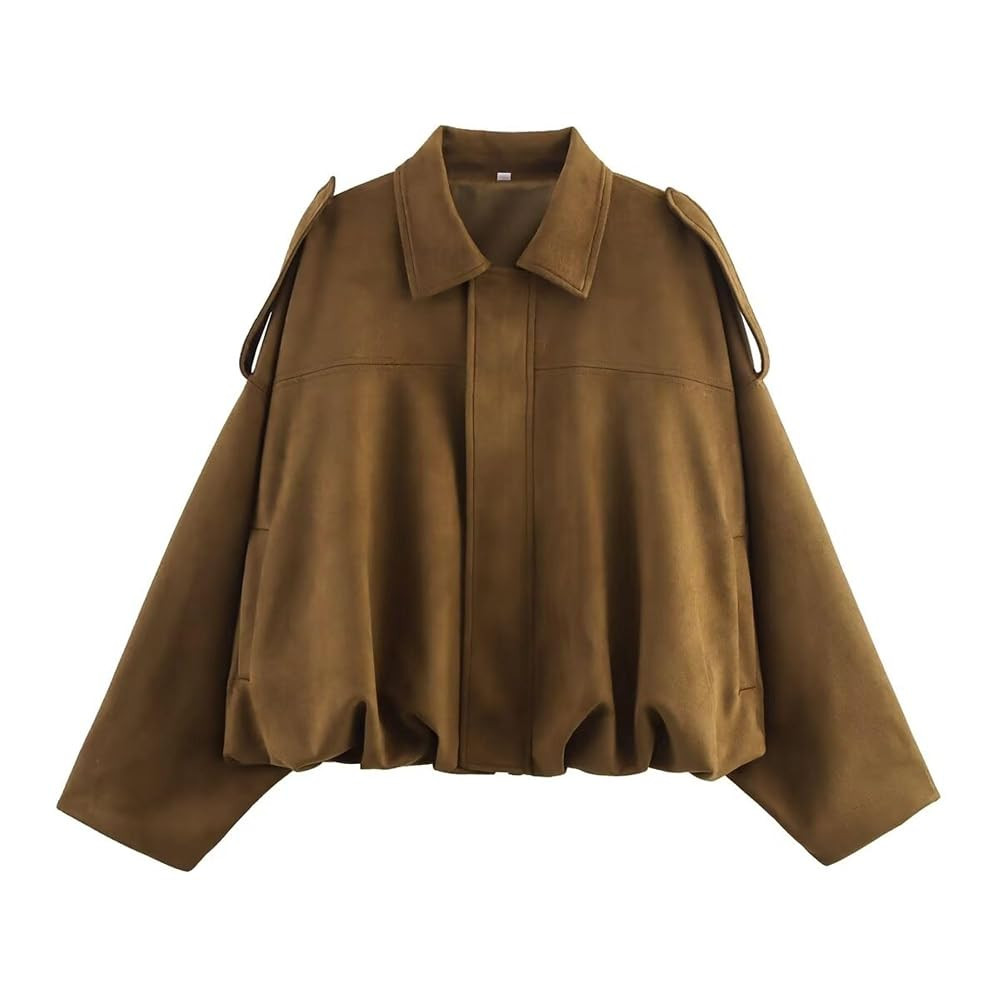 Xunger Women's Faux Suede Bomber Jacket Spring Lapel Pilot Coat Casual Oversized Long Sleeves Tre... | Amazon (UK)