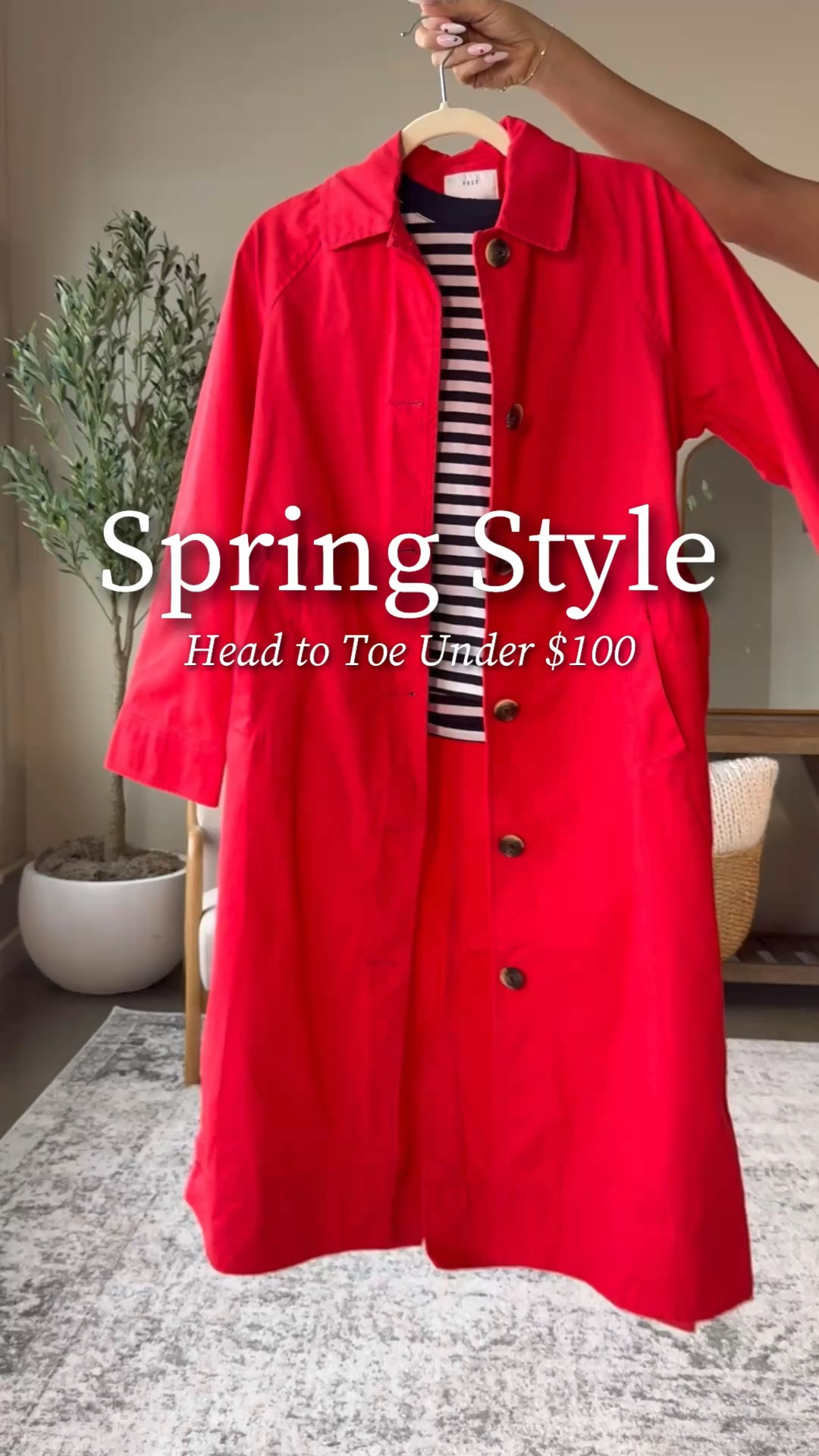 Spring style under $100 
Red tench coat- small 
Striped tee- small 
Denim- size 2 
Loafers are tts

#LTKNYFW #LTKU #LTKFindsUnder100