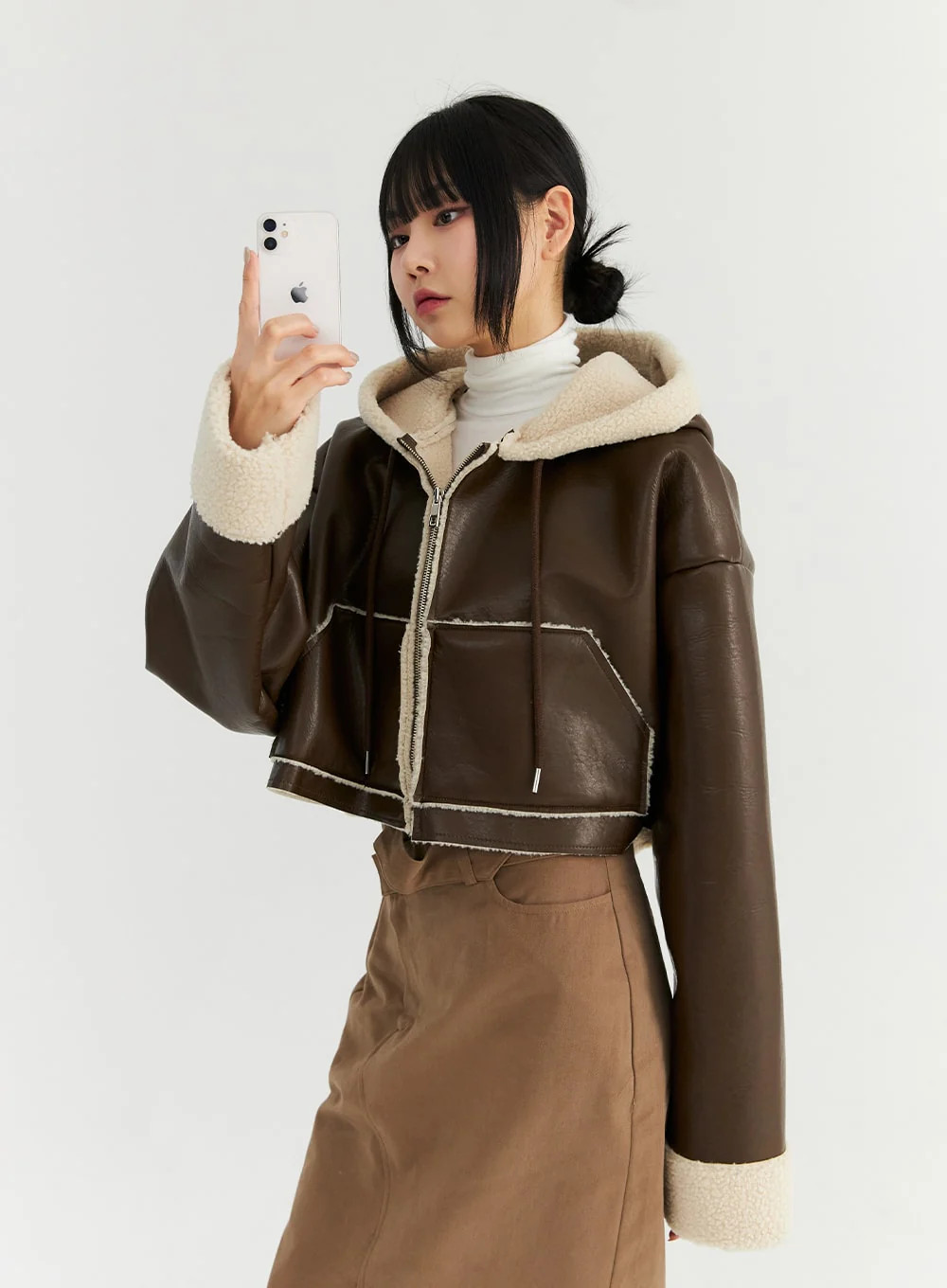 Faux Shearling Hoodie Crop Jacket CN307 | Lewkin