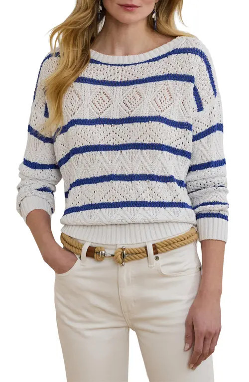 Lauren Ralph Lauren Stripe Pointelle Cotton Blend Sweater in White/Blue Lapis at Nordstrom, Size Xx-Large | Nordstrom