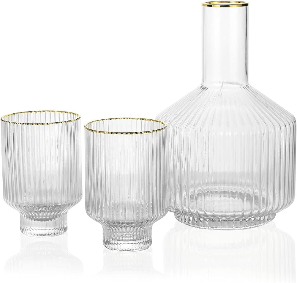G Bedside Carafe Glass Set, 1 Pitcher 2 Cups For Nightstand Water, Ribbed Bedside Water Decanter ... | Amazon (US)