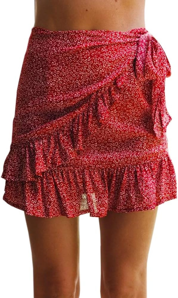 Jeanewpole1 Women's Floral Mini Skirts Wrap Pleated Ruffle Hem Cute Beach A Line Short Skirts | Amazon (US)
