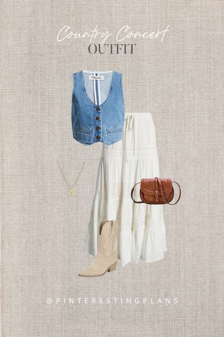 Country concert outfit idea. Western boots. Denim vest. White maxi skirt.

#LTKstyletip #LTKshoecrush #LTKSeasonal