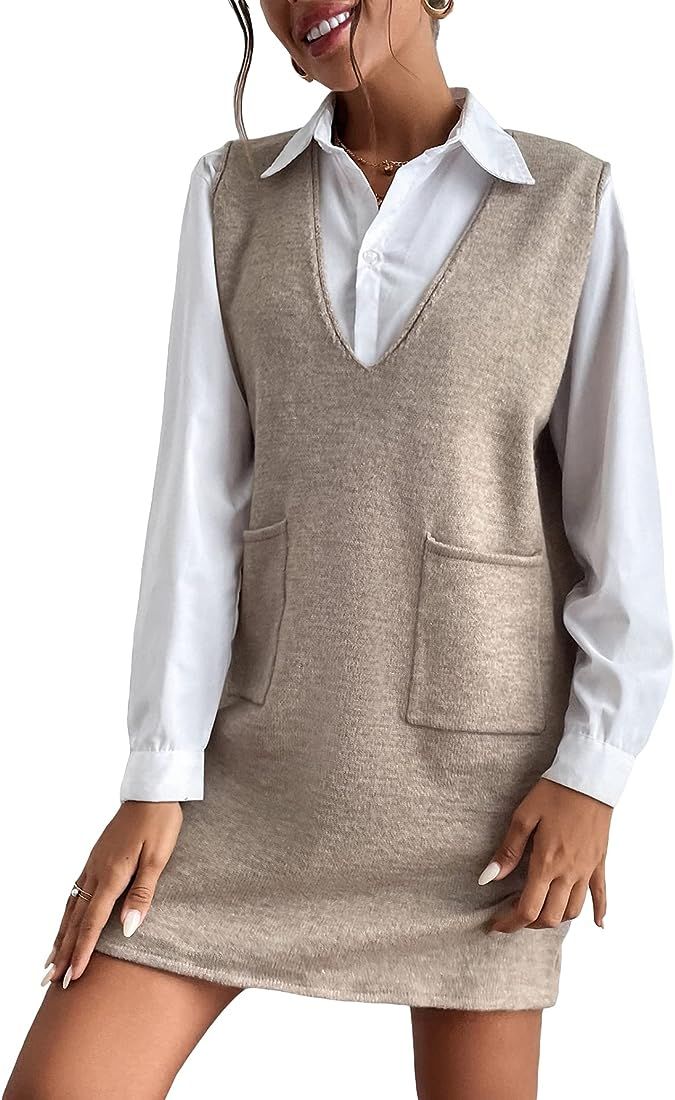 GORGLITTER Women's Sleeveless V Neck Short Sweater Dress Dual Pocket Straight Dresses | Amazon (US)