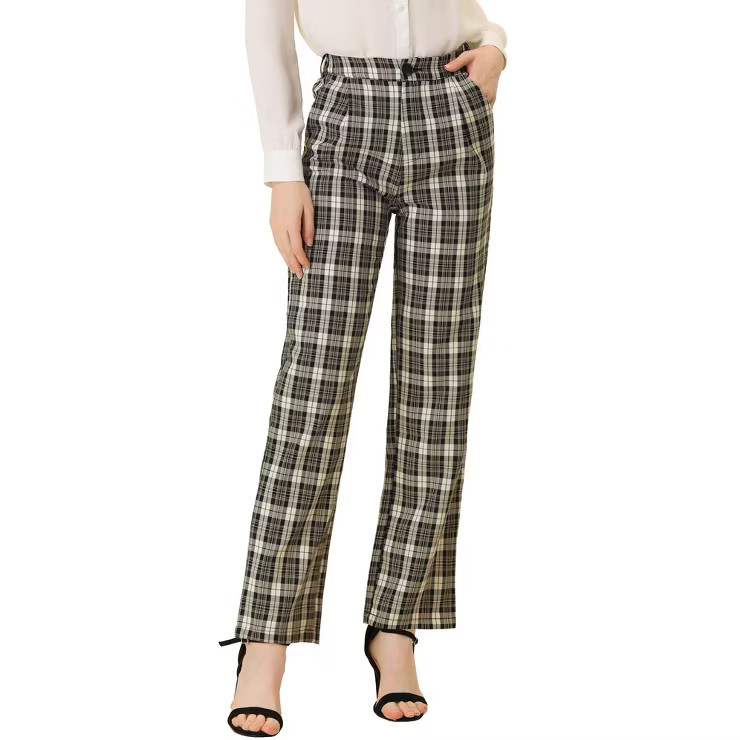 Allegra K Women's Plaid Pockets Elastic Waist Straight Leg Pant | Target