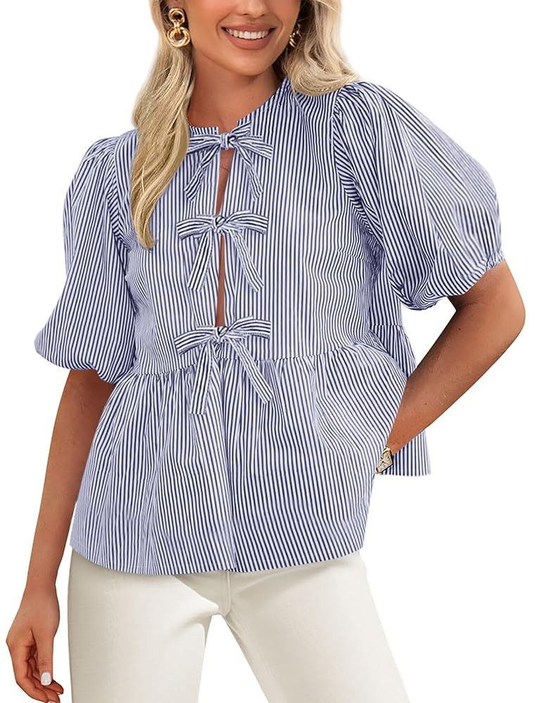 PRETTYGARDEN Women's Tie Front Striped Shirt 2025 Summer Trendy Fashion Cute Babydoll Tops Peplum... | Amazon (US)
