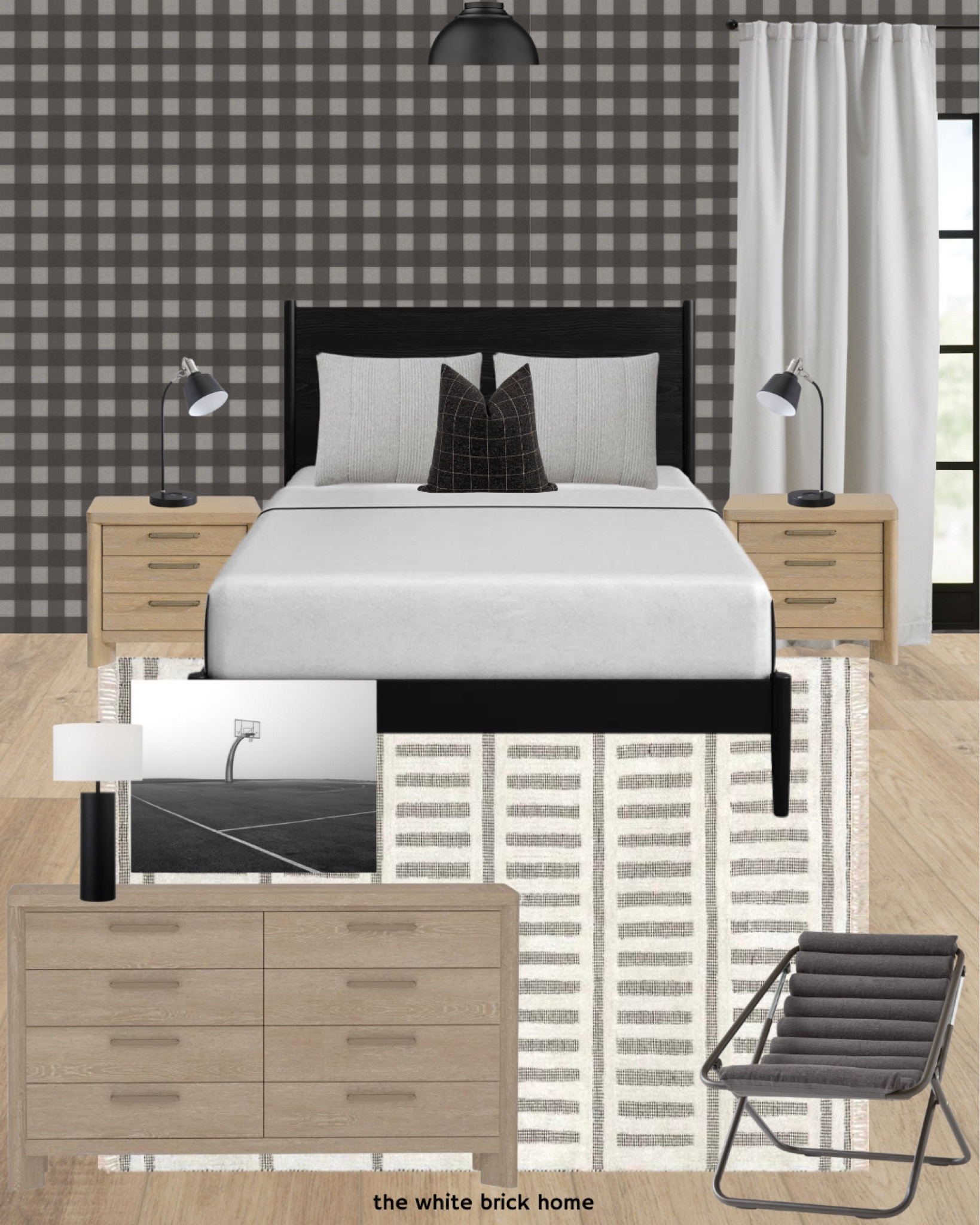 The coolest wallpaper for a boys bedroom - this would be fun with a few white and black sports photos, and this Wayfair furniture! 

Boys room, boys bedroom, boys bedroom furniture, bedroom furniture, black bed, teen boys bedroom, teen room, area rug, wallpaper, plaid wallpaper, curtains, wall art, boys room, boys room wallpaper, curtains, teen boy chair, teen boy dresser, boys room dresser, boys room nightstand, boys room table lamp, boys room lighting, flush mount light, boys room chair, teen boy, Wayfair, pottery barn teen. 

#LTKFamily #LTKKids #LTKHome