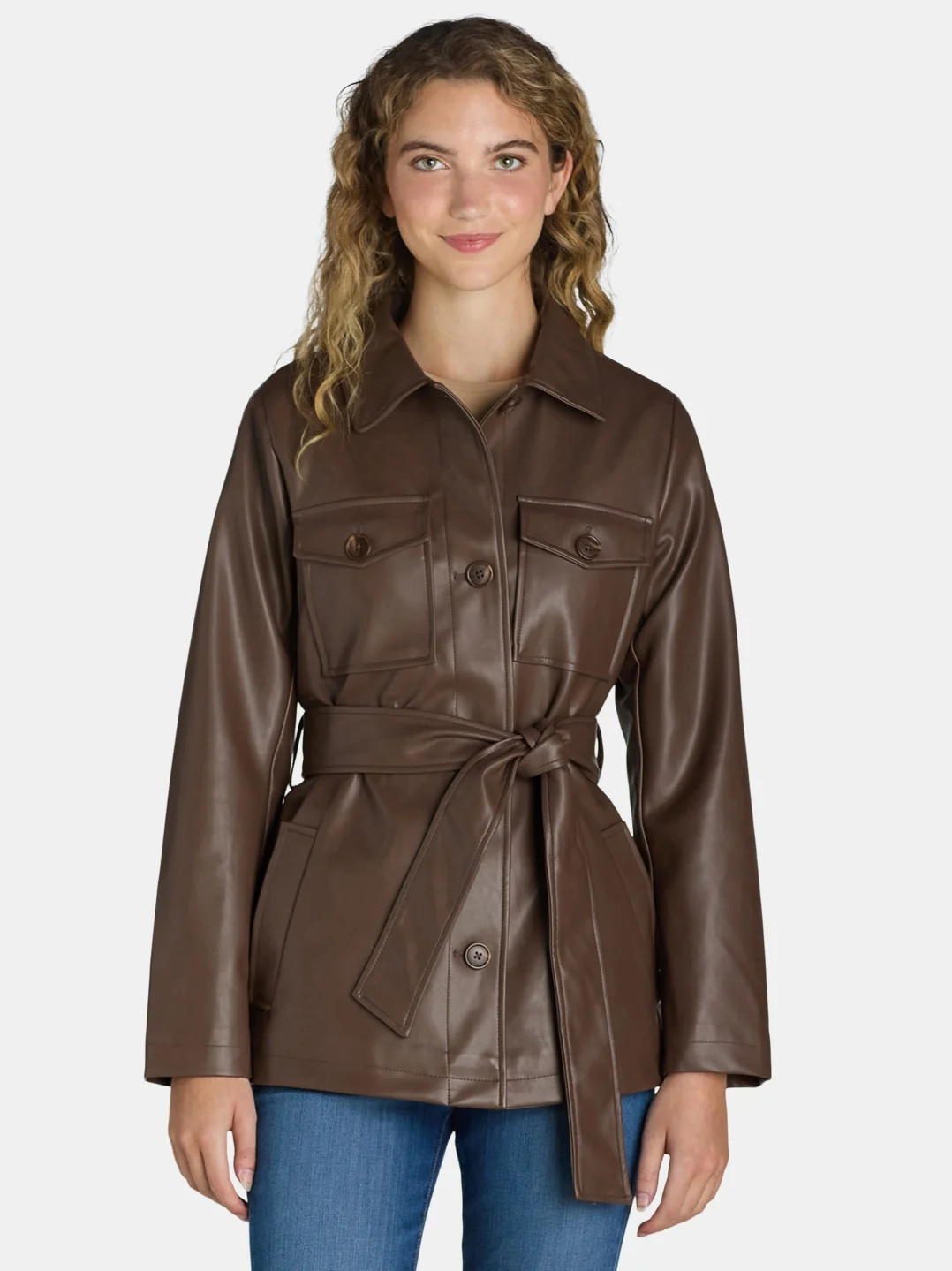 Time and Tru Women's and Women's Plus Faux Leather Cropped Belted Trench, Sizes XS-3X | Walmart (US)