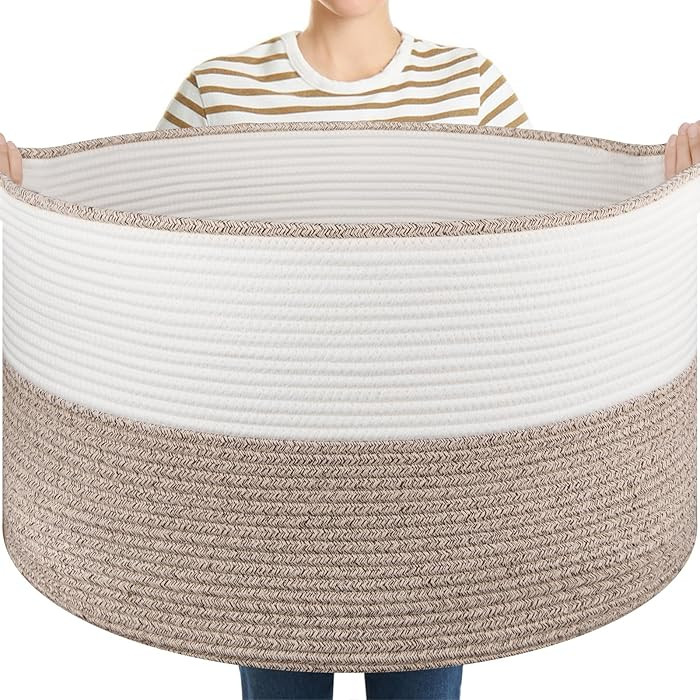 Large Blanket Basket with Handles, 22.8" x 22.8" x 13" Woven Storage Basket for Living Room, Cott... | Amazon (US)