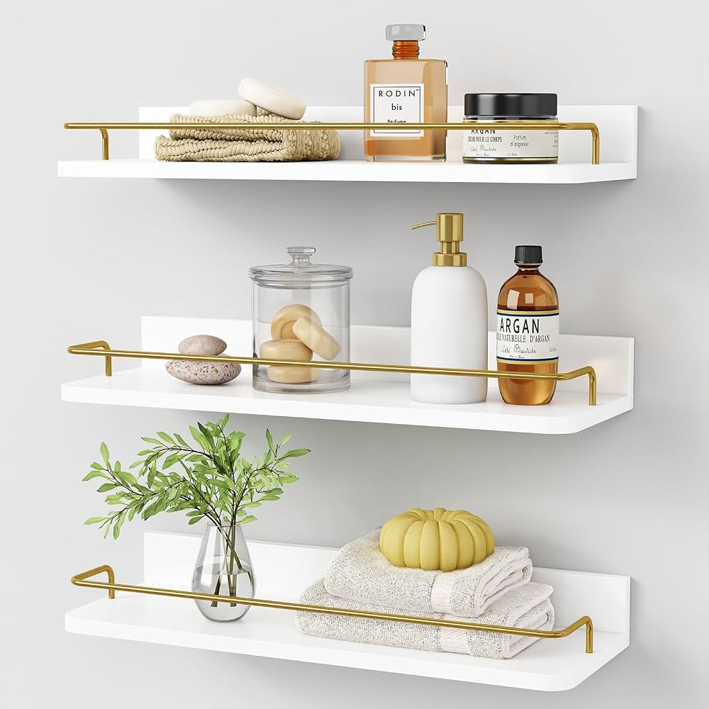Forbena Floating Shelves Wall Shelf Set of 3 with Guard Rail, Modern Display White and Gold | Amazon (US)