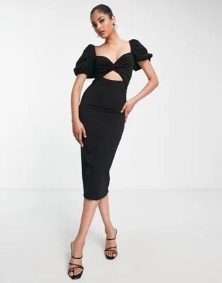 ASOS DESIGN puff sleeve cut-out midi dress in black | ASOS (Global)