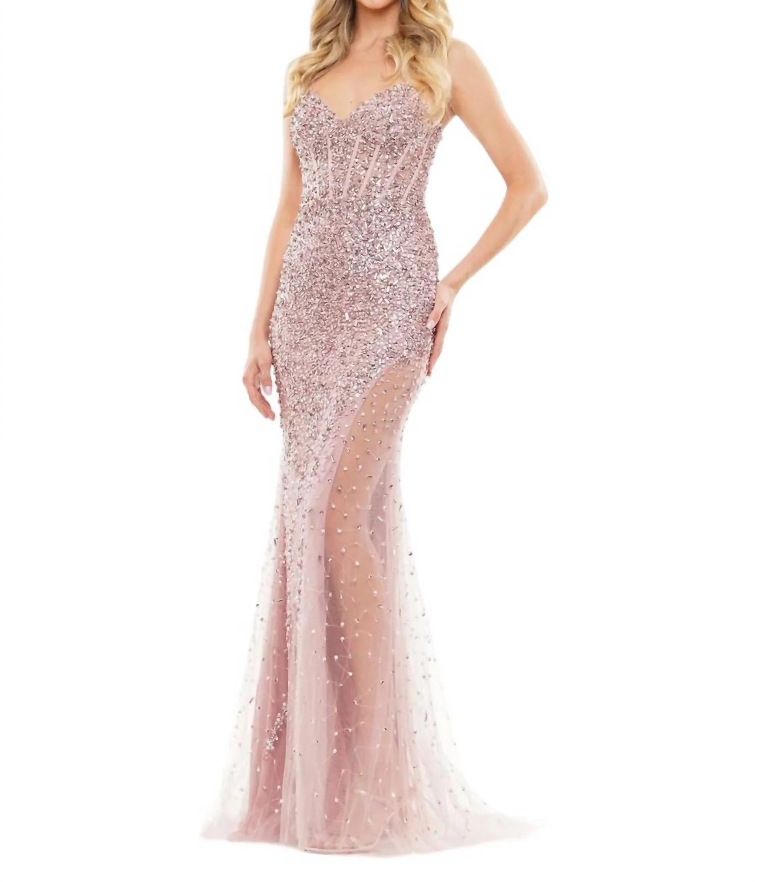 Embellished Sheer Overlay Evening Gown In Dusty Rose | Shop Simon