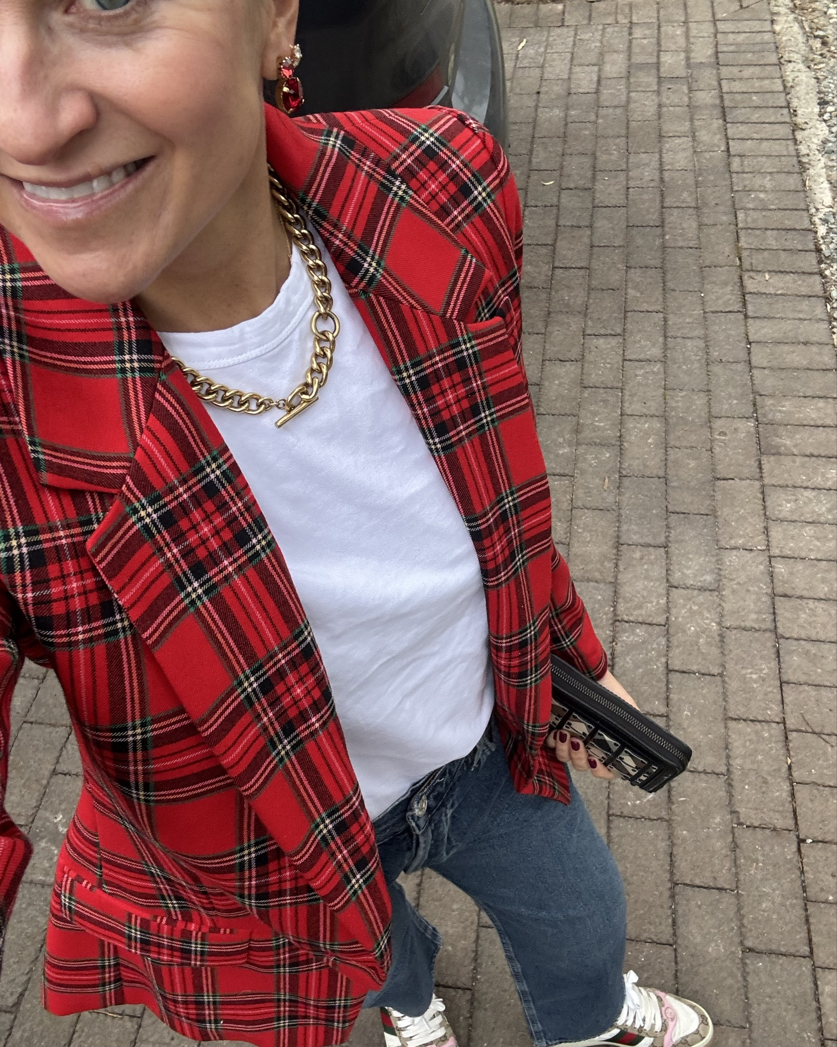 Winter outfit
Old tartan blazer, new earrings (so chic), new tee, denim (love this fit). 

#LTKHoliday #LTKmomlife #LTKootd