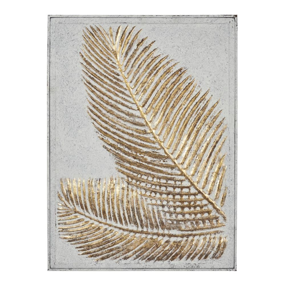 LITTON LANE Rectangular Gold And White Palm Leaf Metal Wall Decor 23 in. x 30.5 in., Multi | The Home Depot