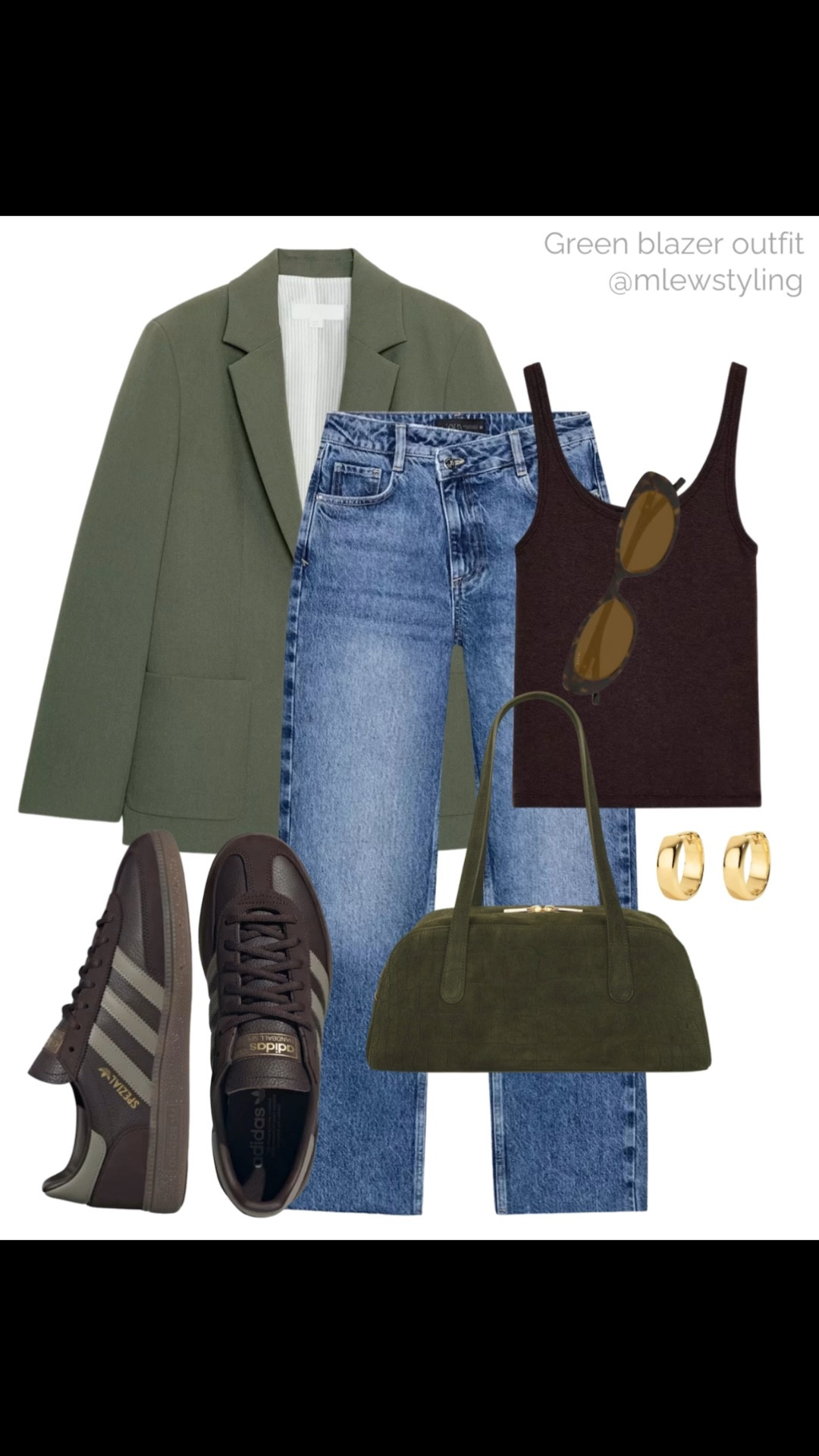 Zara green blazer styled for spring 🌱

Tags: cross waist jeans, chocolate brown tank top, green suede shoulder bag, brown adidas samba sneakers, gold hoop earrings, ysl sunglasses, neutral aesthetic, capsule wardrobe, casual workwear, elevated outift 

#LTKootd #LTKgrwm #LTKWorkwear