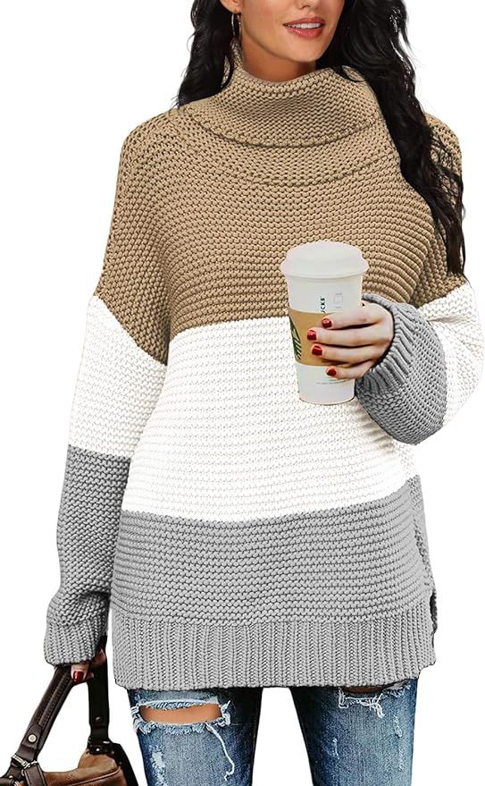 PrinStory Womens Casual Long Sleeve Turtleneck Chunky Knit Pullover Sweater Tops with Side Slit | Amazon (US)