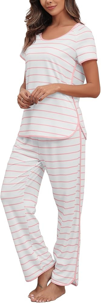 Stripe Pajamas Set for Women Two-Piece Sleepwear Short Sleeve Soft Side Split Wide Leg Pants Nigh... | Amazon (US)