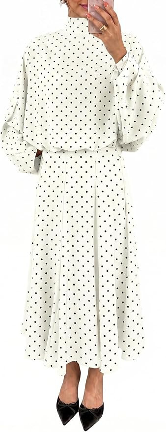 Wenrine Womens 2 Piece Outfits Polka Dots Elegant Tie Fall Maxi Skirt Sets | polka dots,tie bow,l... | Amazon (US)