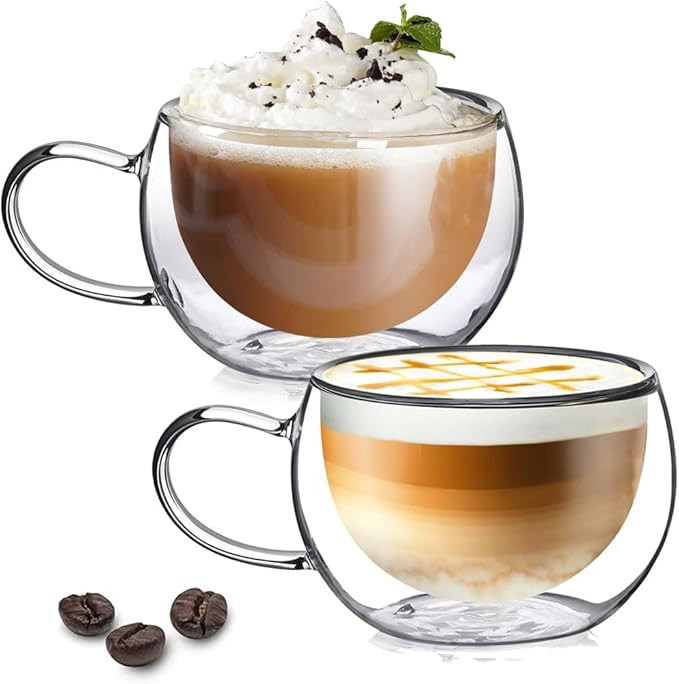 TKNO Double Walled Glass Coffee Mug Cups, Set of 2 Hollow Vacuum Sealed Insulated Cappuccino Latt... | Amazon (UK)