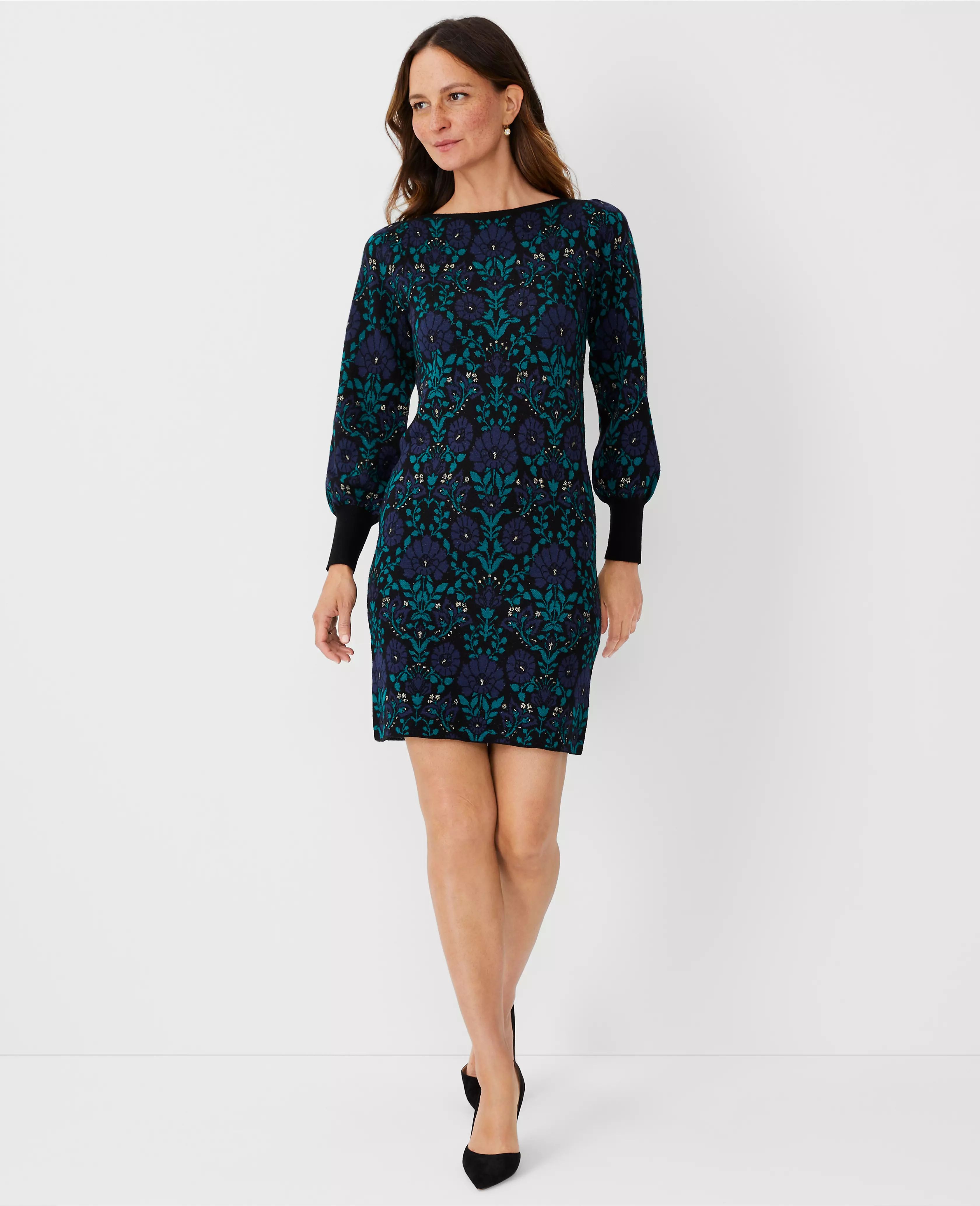 Petite Shimmer Floral Jacquard Sweater Dress | Ann Taylor (US)