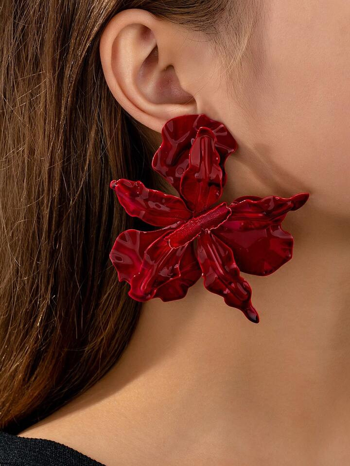 1 Pair Retro European & American Style Exaggerated 3D Flower Asymmetrical Shiny Stud Earrings For... | SHEIN