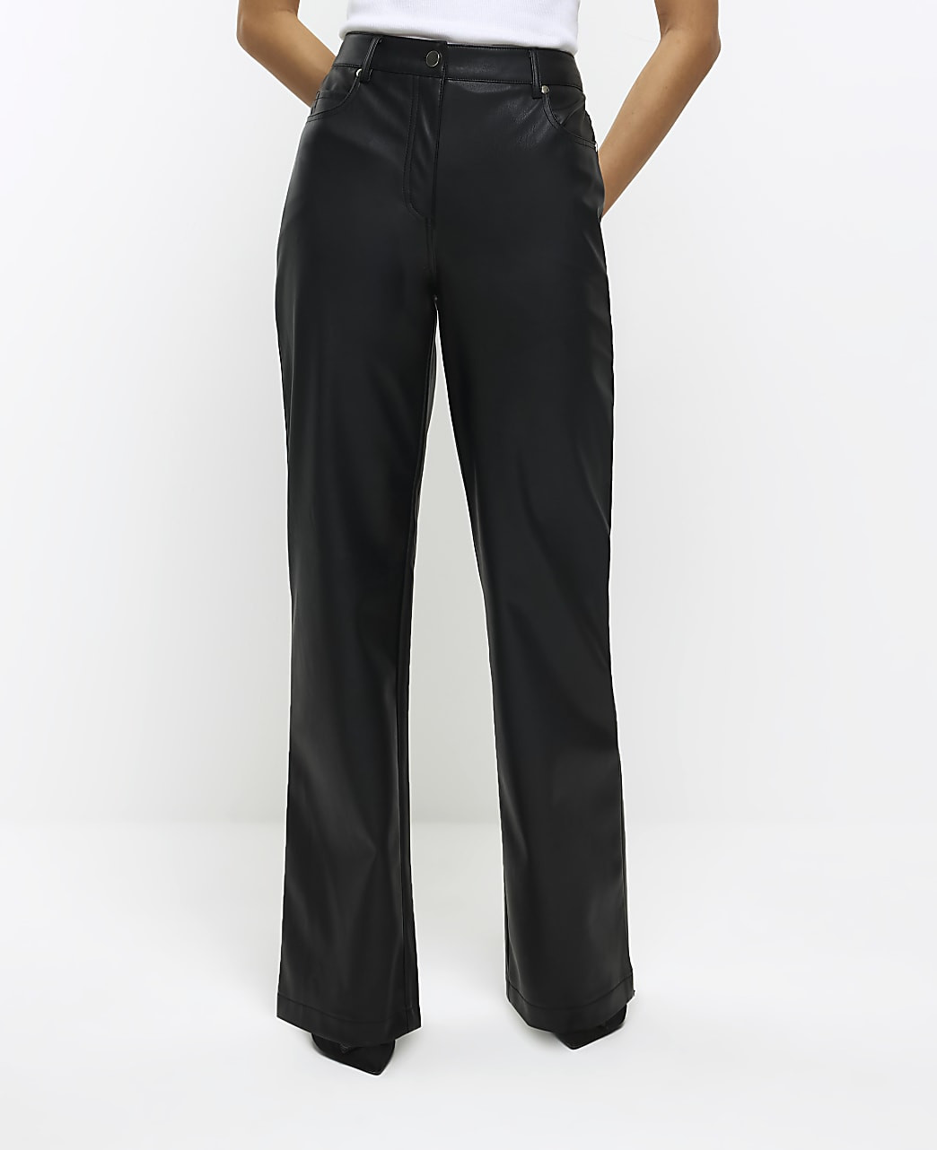 Black faux leather relaxed straight trousers | River Island (UK & IE)