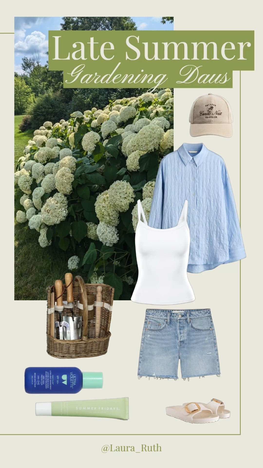 Late summer days spent pottering in the garden, hydrangeas in bloom and nowhere to be 🌿🤍 The Nancy Meyers summer uniform: an easy blue shirt, denim cut-offs, simple sandals and a good basket for garden finds. summer outfits over 40 

 #LTKuk #LTKsummer #LTKstyletip