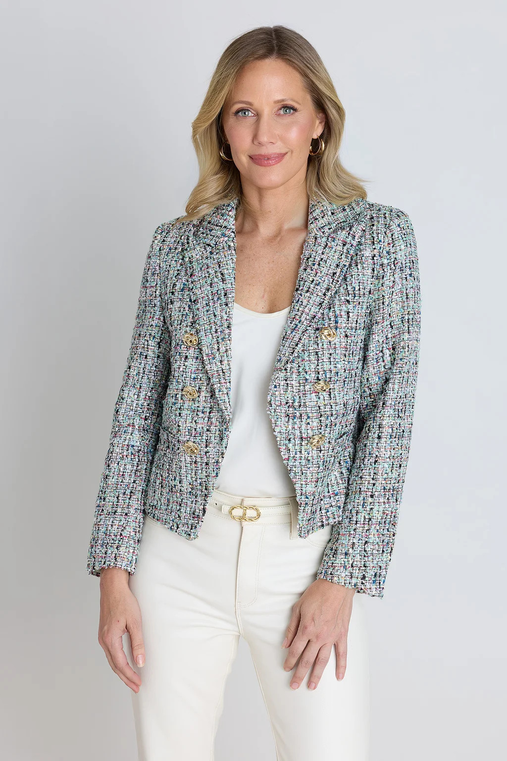 Gabrielle Double Breasted Tweed Blazer - Teal Multi | The Noli Shop