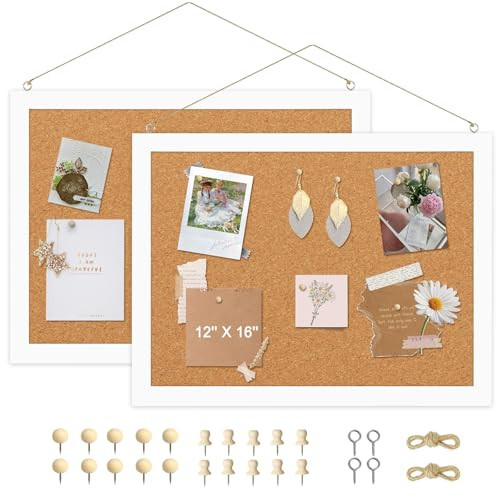AMUSIGHT 2-Pack Double-Sided Cork Board, 16" x 12" Hanging Wood Framed Small Bulletin Board, Picture Display Vision Board Kit Corkboards for Wall Room School Office Decor, 20 Pushpins (Vintage White) | Amazon (US)