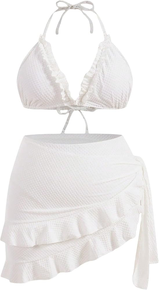 BEAUDRM Women's 3 Piece Plus Size Lettuce Trim Bikini Halter Tie Side Triangle Set with Beach Ski... | Amazon (US)