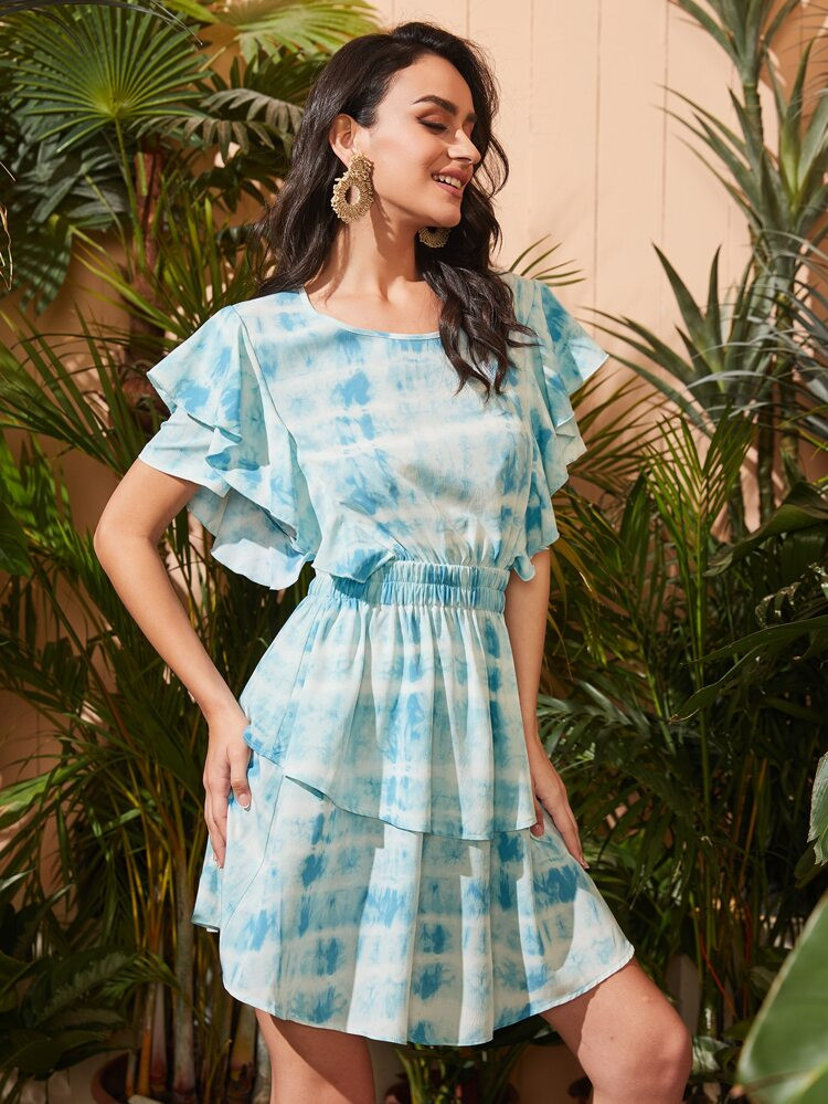 SHEIN Butterfly Sleeve Tie Dye Layered Dress | SHEIN
