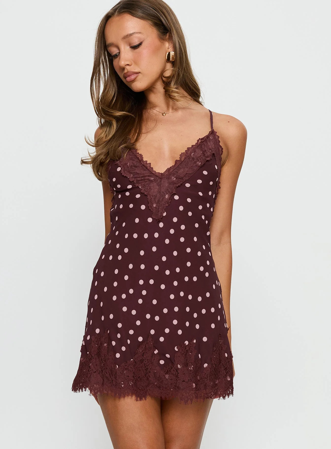 Call My Lover Lace Slip Mini Dress Brown Polka | Princess Polly AU