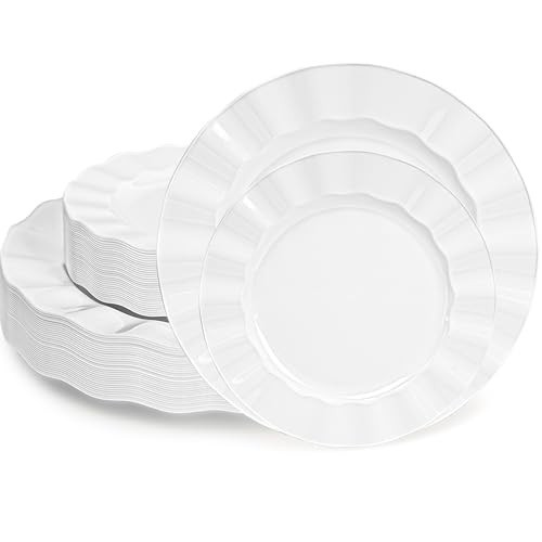 NZVCN 60 Pcs White Plates, Wave Edge Design Disposable Plastic Plates for 30 Guests, Fancy Wedding Party Dishes 7 inch Dessert Plate and 10 inch Dinner Plate for Party, Bridal Shower | Amazon (US)