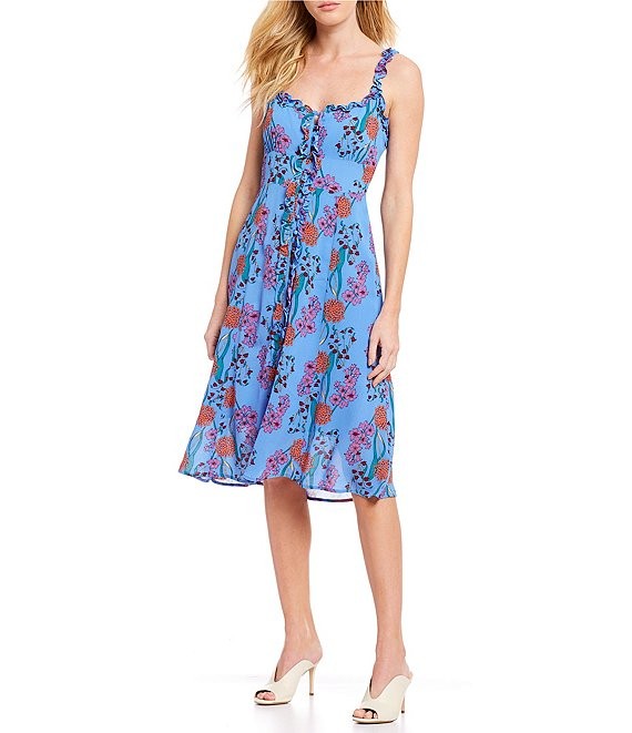 Blended Floral Print Ruffle Button Front Midi Length A-Line Dress | Dillards