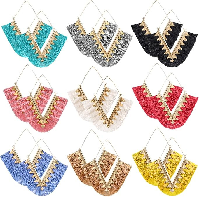 9-18 Pairs Colorful Long Fringe Earrings for Women-Lightweight Big Earrings for Women-Statement E... | Amazon (US)