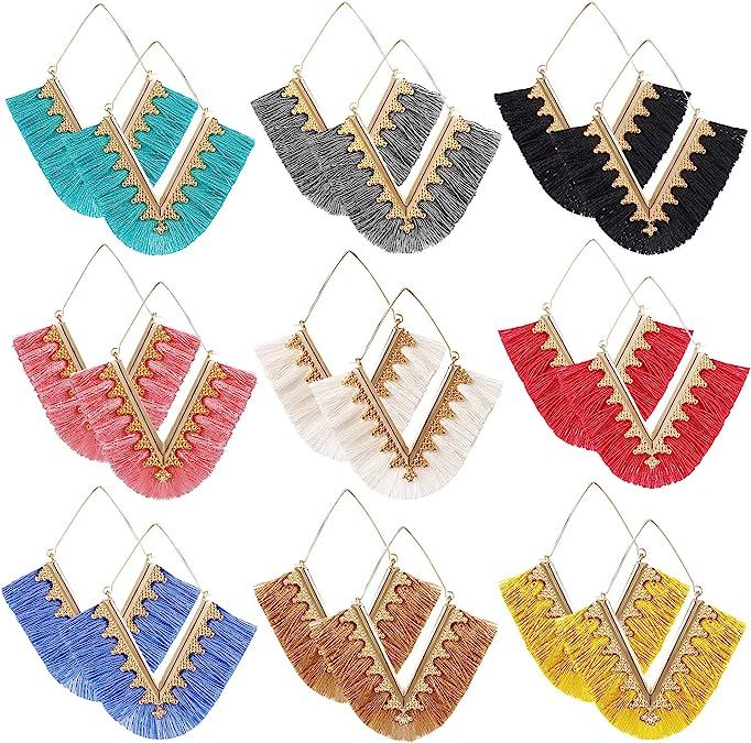 9-18 Pairs Colorful Long Fringe Earrings for Women-Lightweight Big Earrings for Women-Statement E... | Amazon (US)