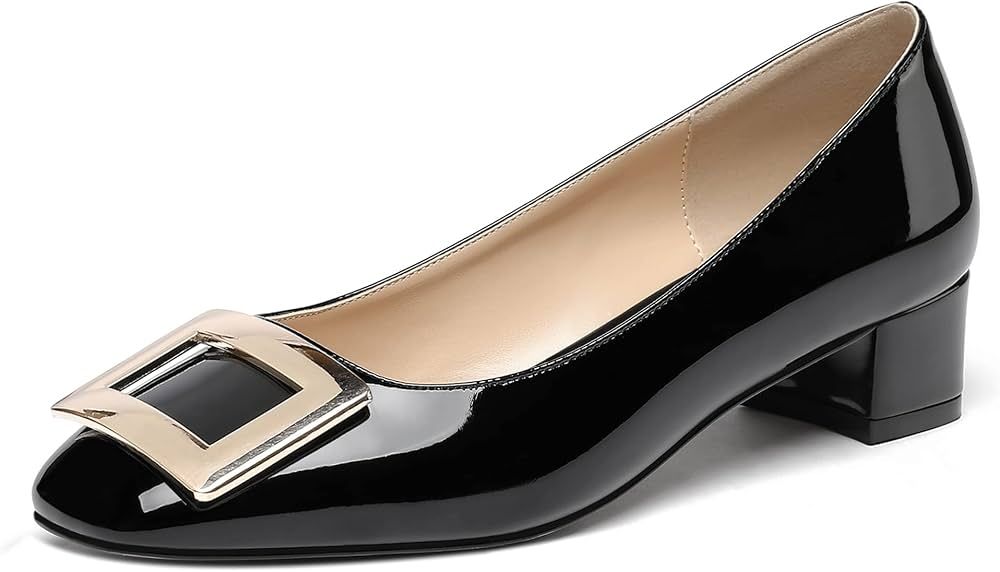 WAYDERNS Women's Slip On Square Toe Metal Buckle Patent Chunky Low Heel Pumps Shoes 1.5 Inch | Amazon (US)