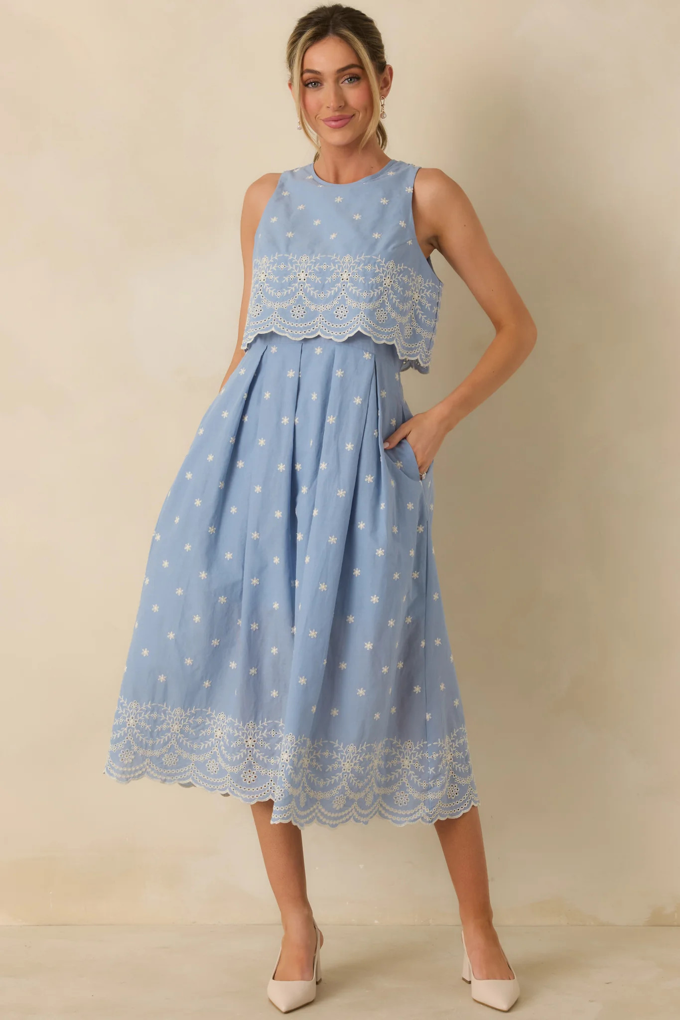 Right Here Waiting Light Blue Cotton Scallop Lace Embroidered Midi Dress | Red Dress