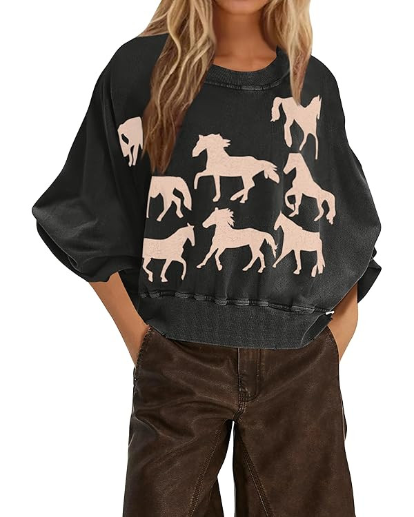 Women Cropped Sweatshirt Oversized Graphic Horse Print Crewneck Long Sleeve Pullover Casual Loose... | Amazon (US)