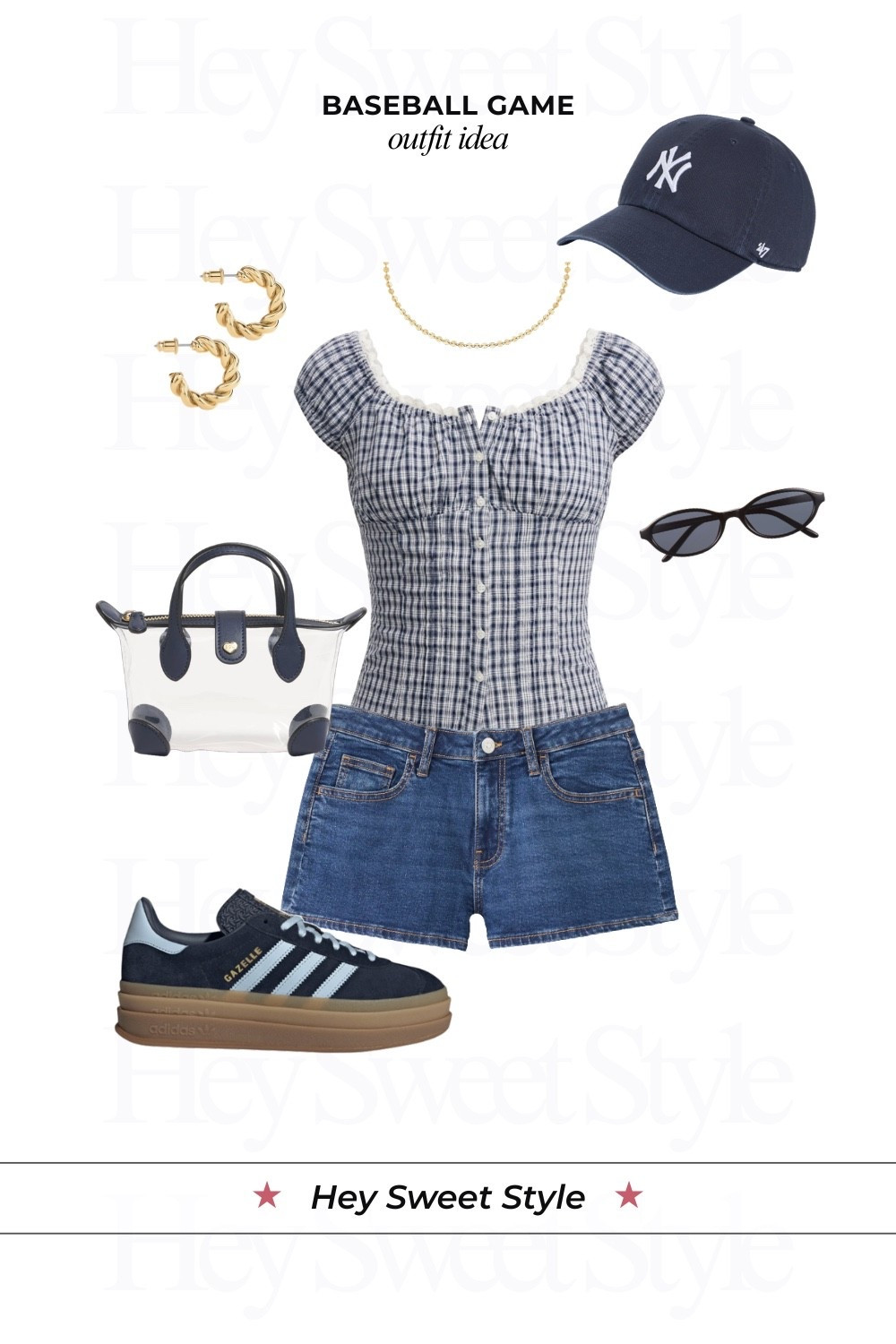 Blue gingham top + denim shorts | 12 Baseball Game Outfit Ideas ⚾ 